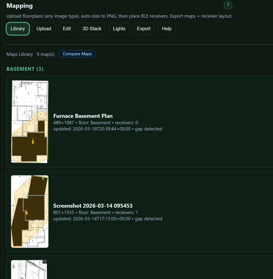Maps library showing nine uploaded floor plans organized by floor