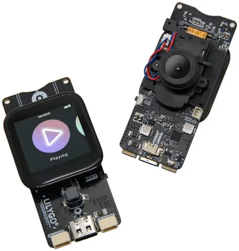 LilyGO T-CameraPlus-S3, angled view showing both the screen and OV2640 camera